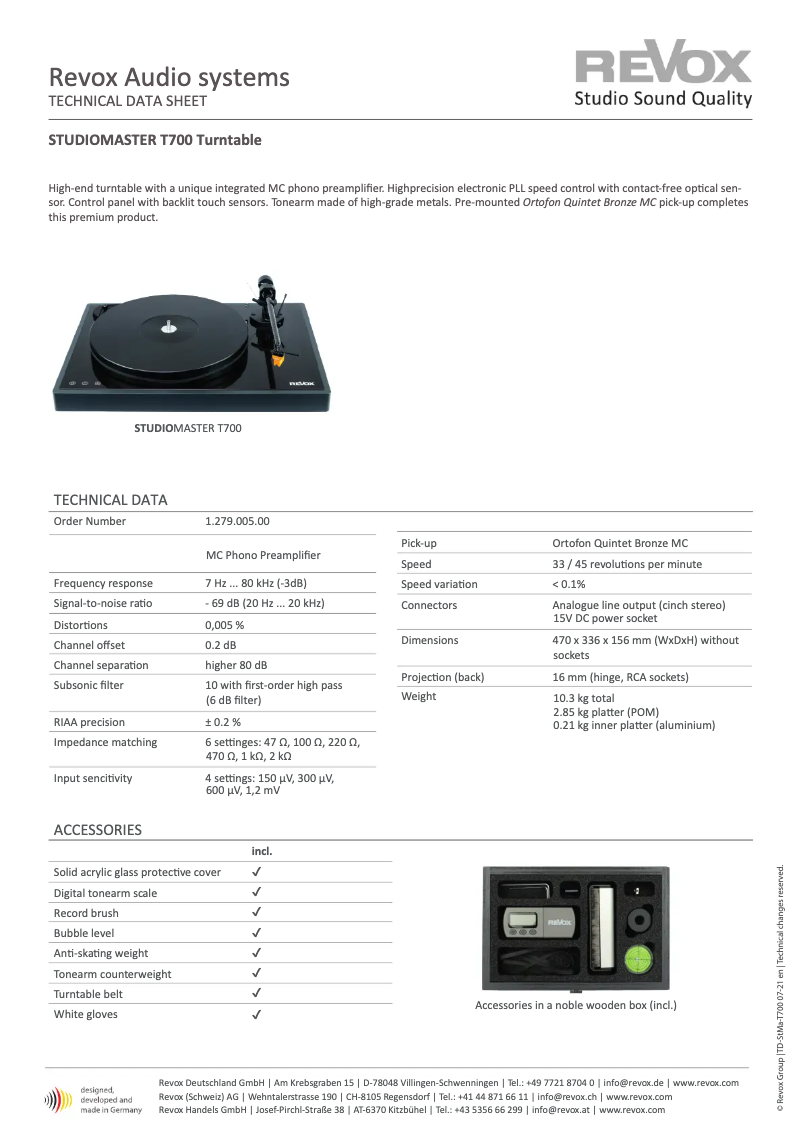 Page 1 of the manual Technical Sheet Revox Studiomaster T700
