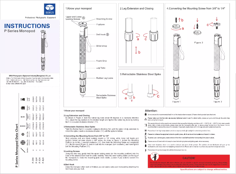 Page 1 of the manual User Manual Sirui Monopod P-204S