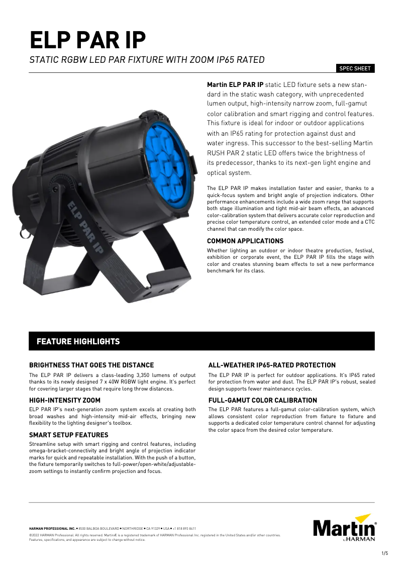 Page 1 of the manual Technical Sheet Martin ELP PAR IP