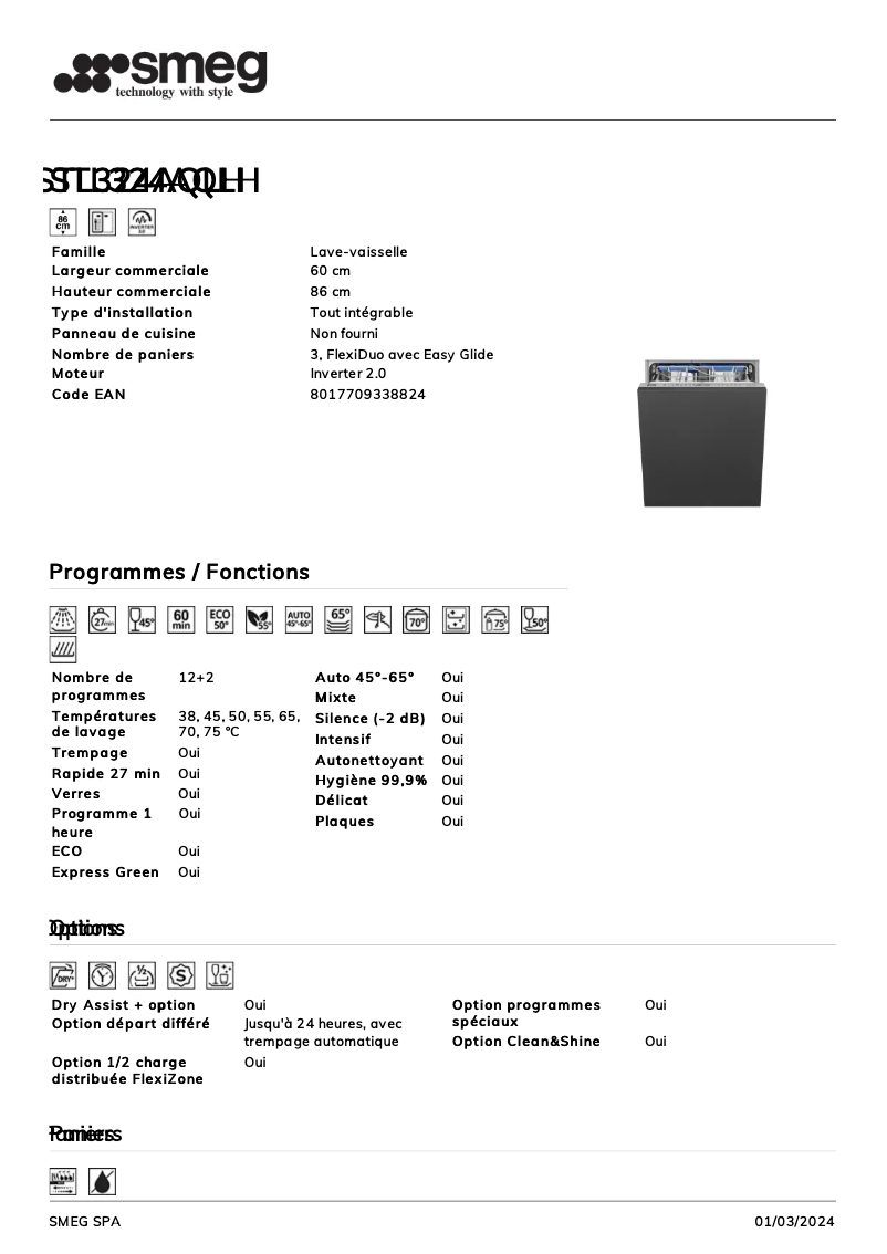 Page 1 of the manual Technical Sheet Smeg STL324AQLH