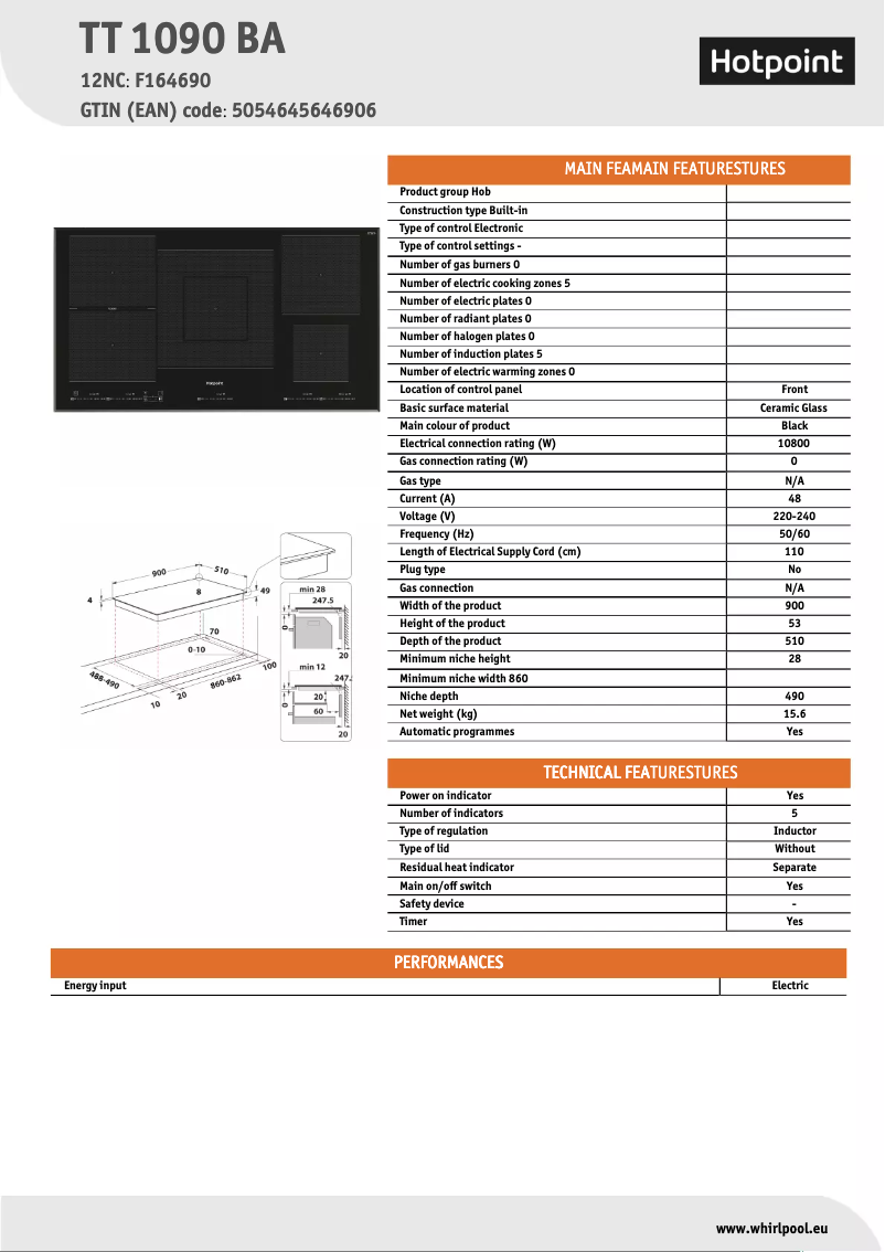 Page 1 of the manual Technical Sheet Hotpoint TT 1090 BA