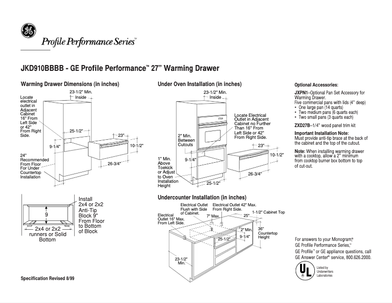 Page 1 of the manual Technical Sheet GE Profile JKD910BBBB
