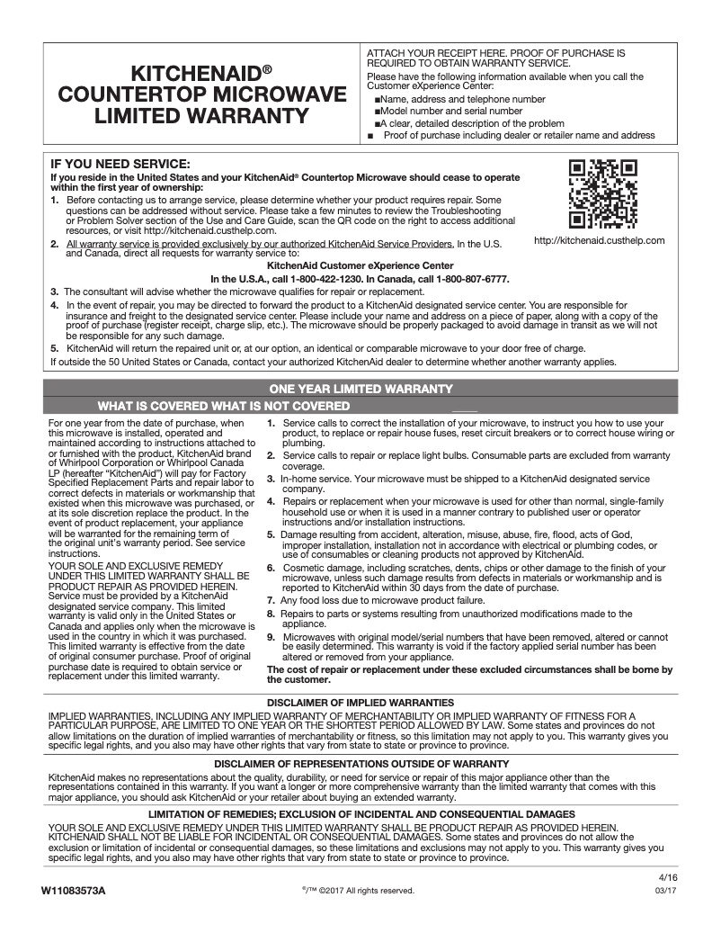 Page 1 of the manual Warranty Information KitchenAid KMCS1016GSS