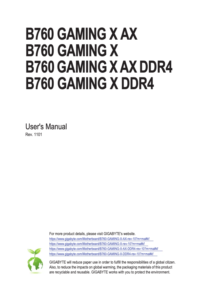 Page 1 of the manual User Manual Gigabyte B760 Gaming  X AX DDR4