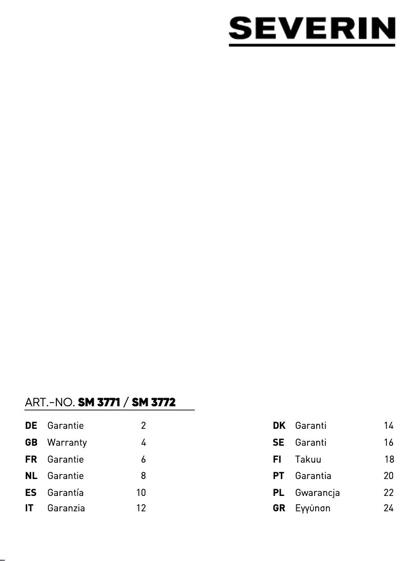 Page 1 of the manual Warranty Information Severin SM 3771