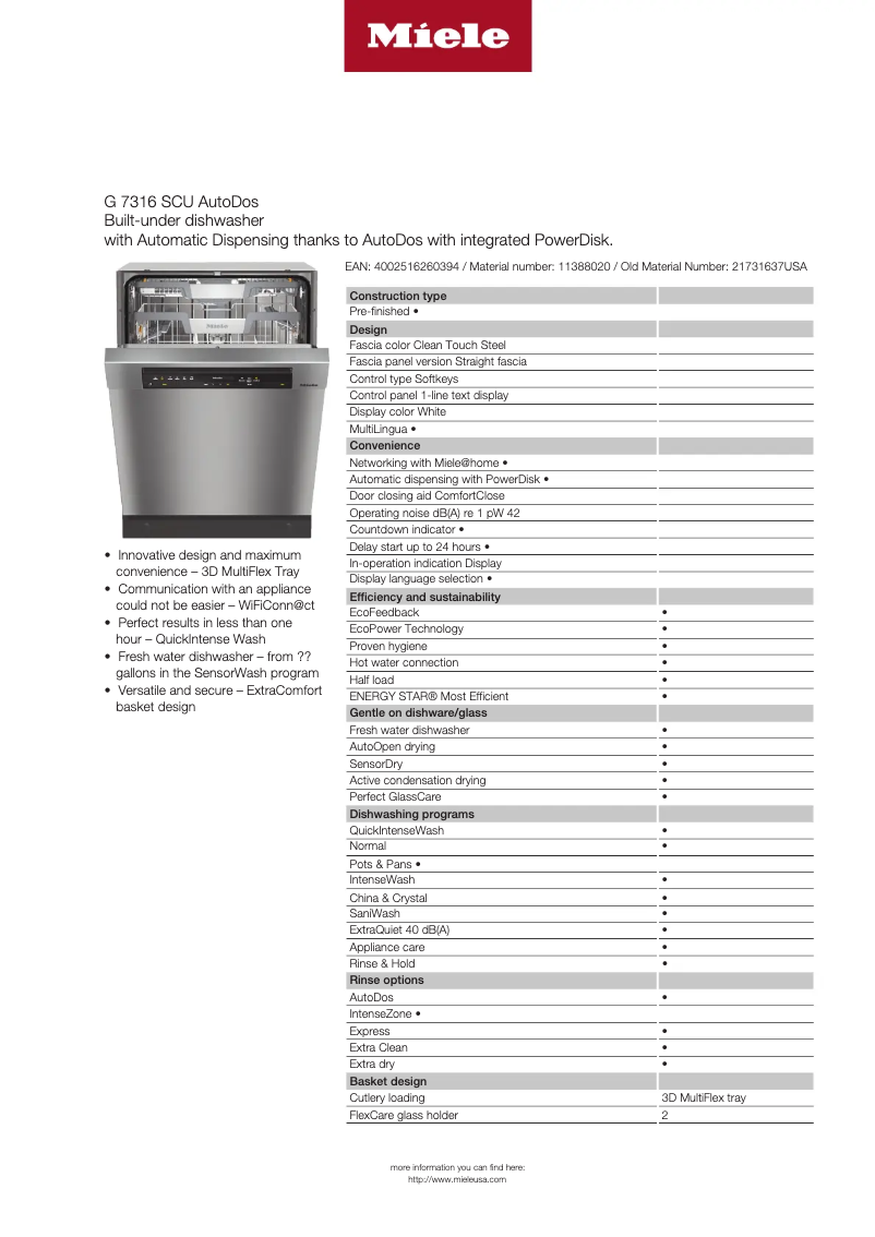 Page 1 of the manual Technical Sheet Miele G 7510 SCU AutoDos