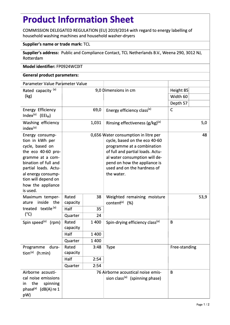 Page 1 of the manual Technical Sheet TCL FP0924WC0