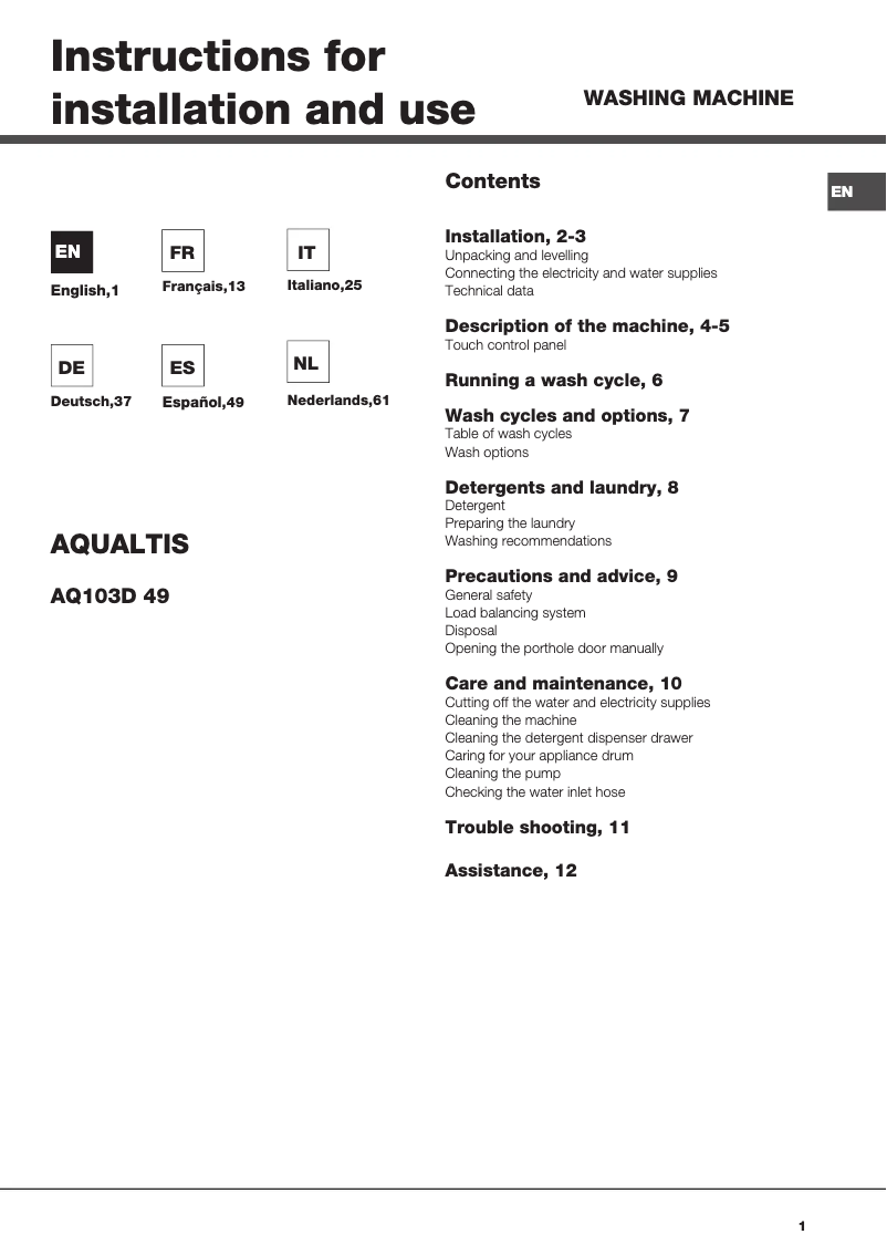 First page image of the manual for Aqualtis AQ103D 49 EU