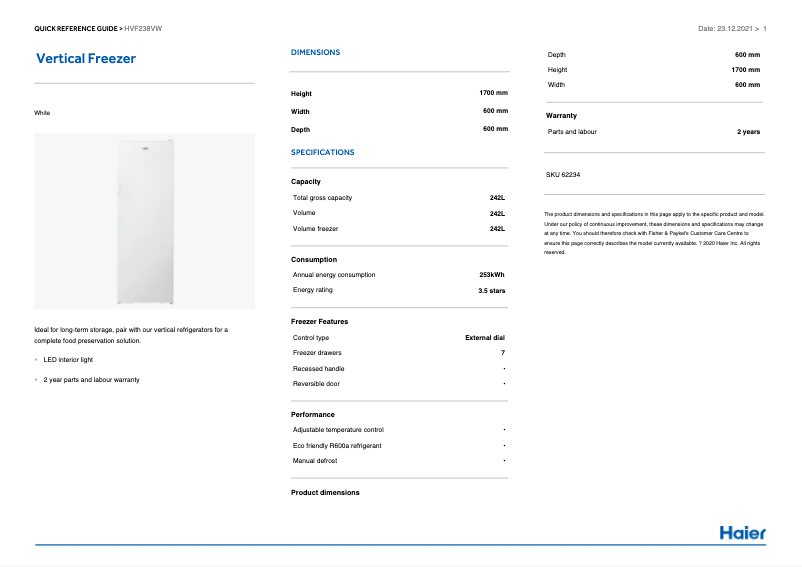 Page 1 of the manual Installation Guide Haier HVF238VW