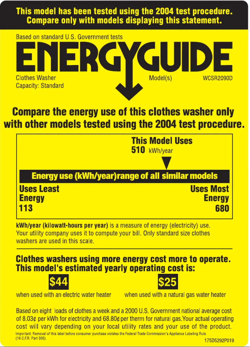 Page 1 of the manual Energy Label GE WCSR2090DWW