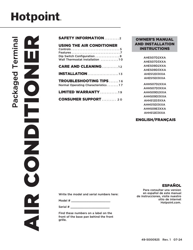 Page 1 of the manual Installation Guide Hotpoint AHHS15D3XXA