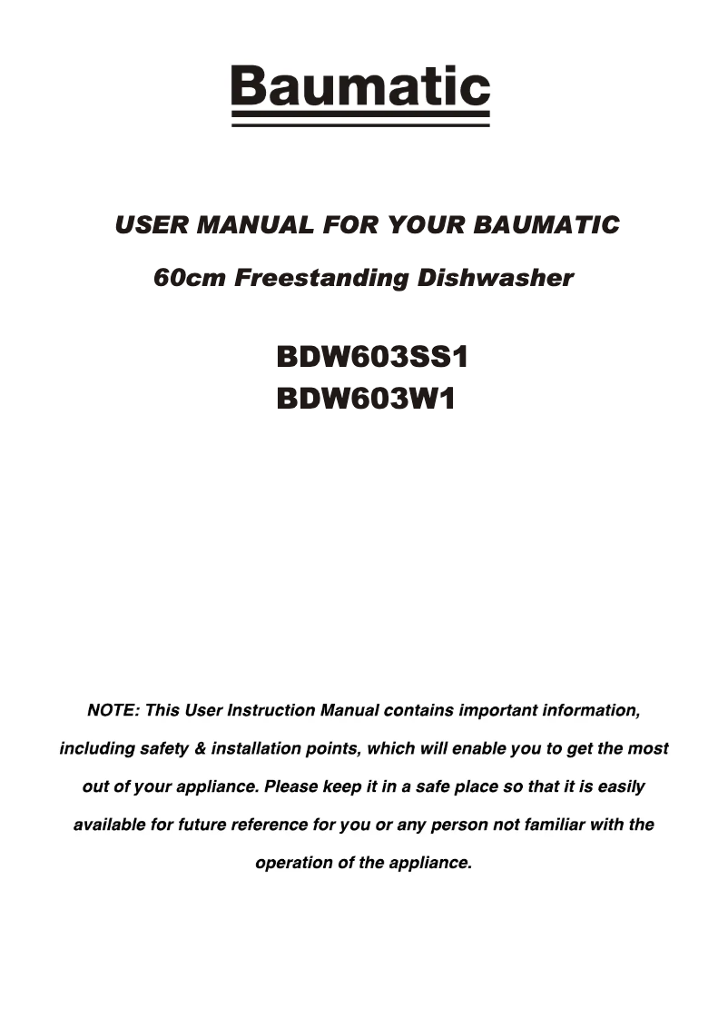 First page image of the manual for BDW603SS1