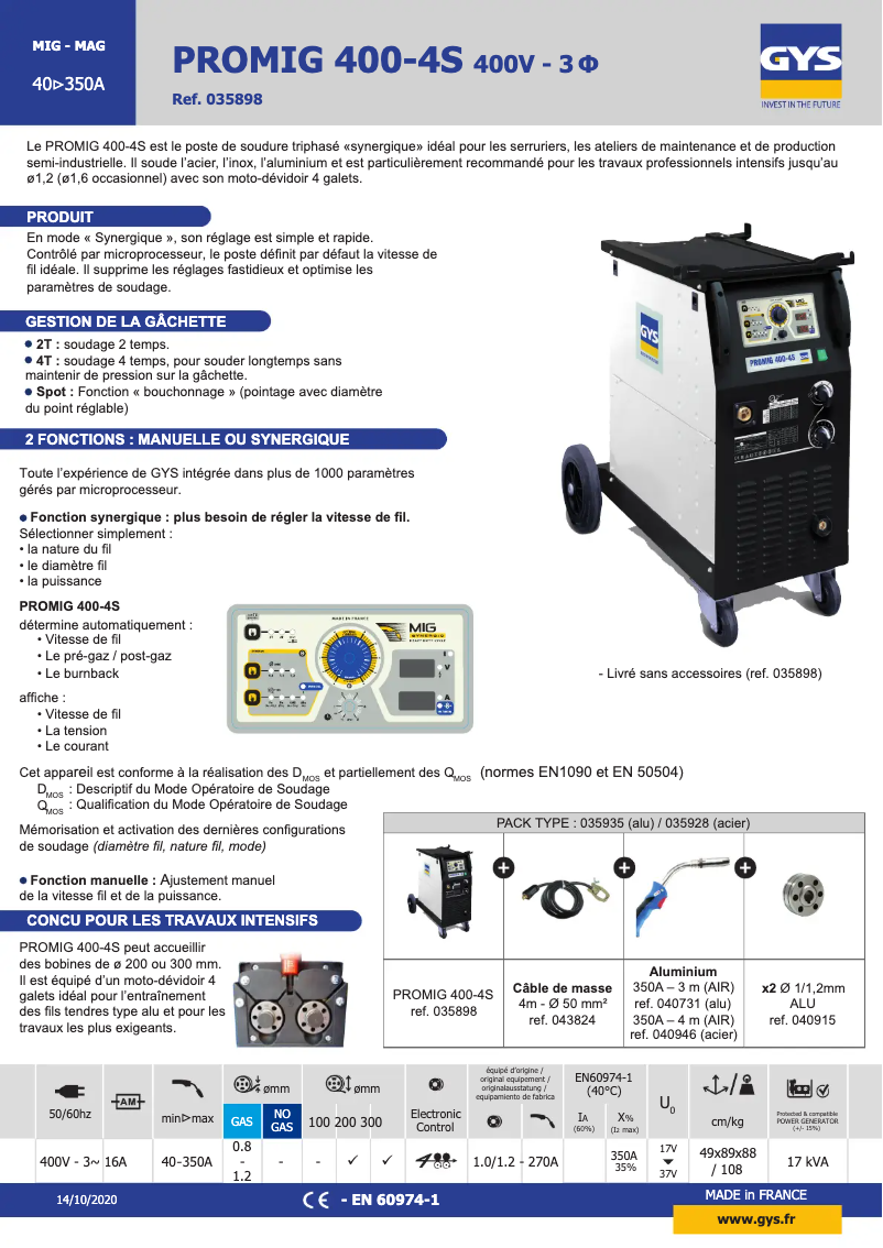 Page 1 of the manual Technical Sheet GYS Promig 400 4S