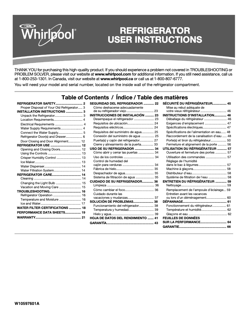 First page image of the manual for WRF540CWBB