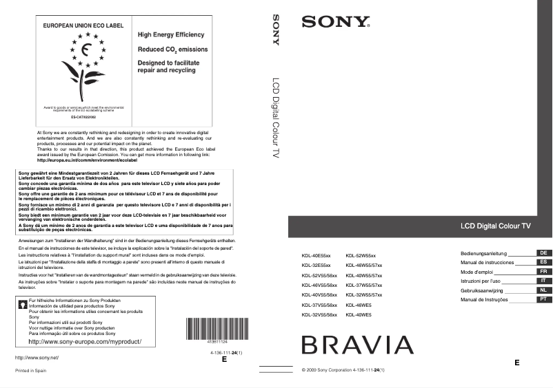 Page 1 of the manual User Manual Sony Bravia KDL-37W5500