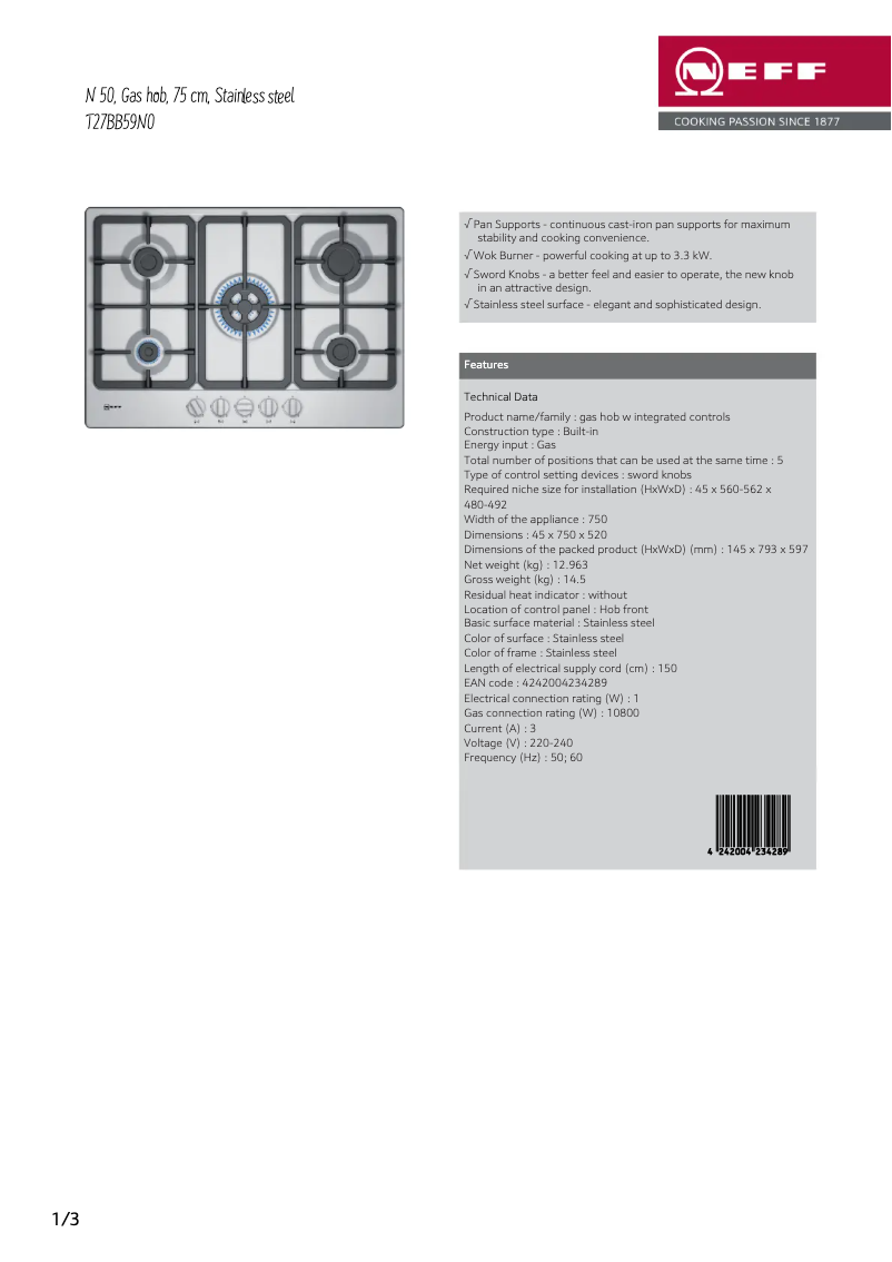 Page 1 of the manual Technical Sheet Neff T27BB59N0