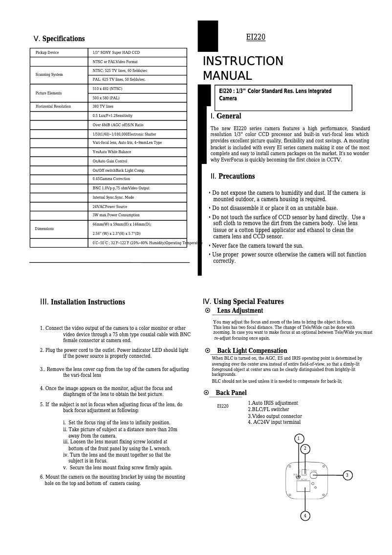 First page image of the manual for EI220