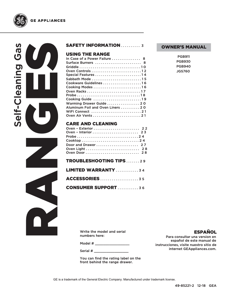 Page 1 of the manual Use and Maintenance Manual GE Profile PGB911EEJES