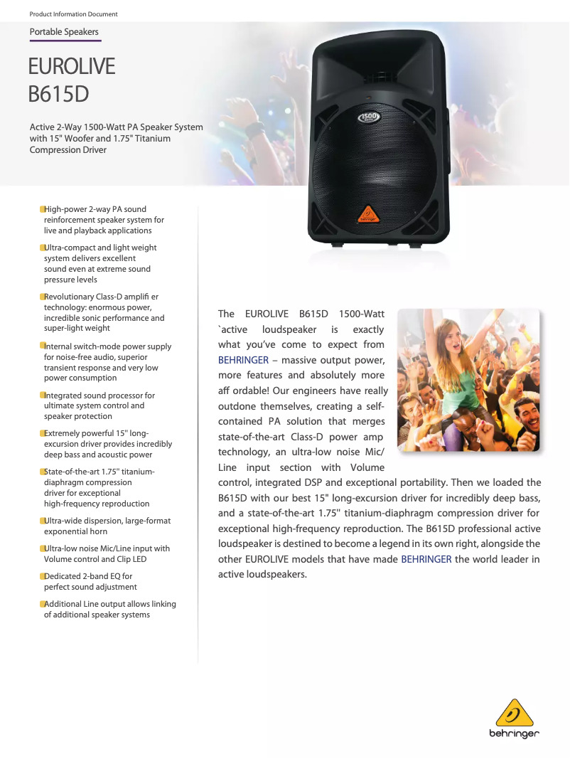 Page 1 of the manual Technical Sheet Behringer Eurolive B615D