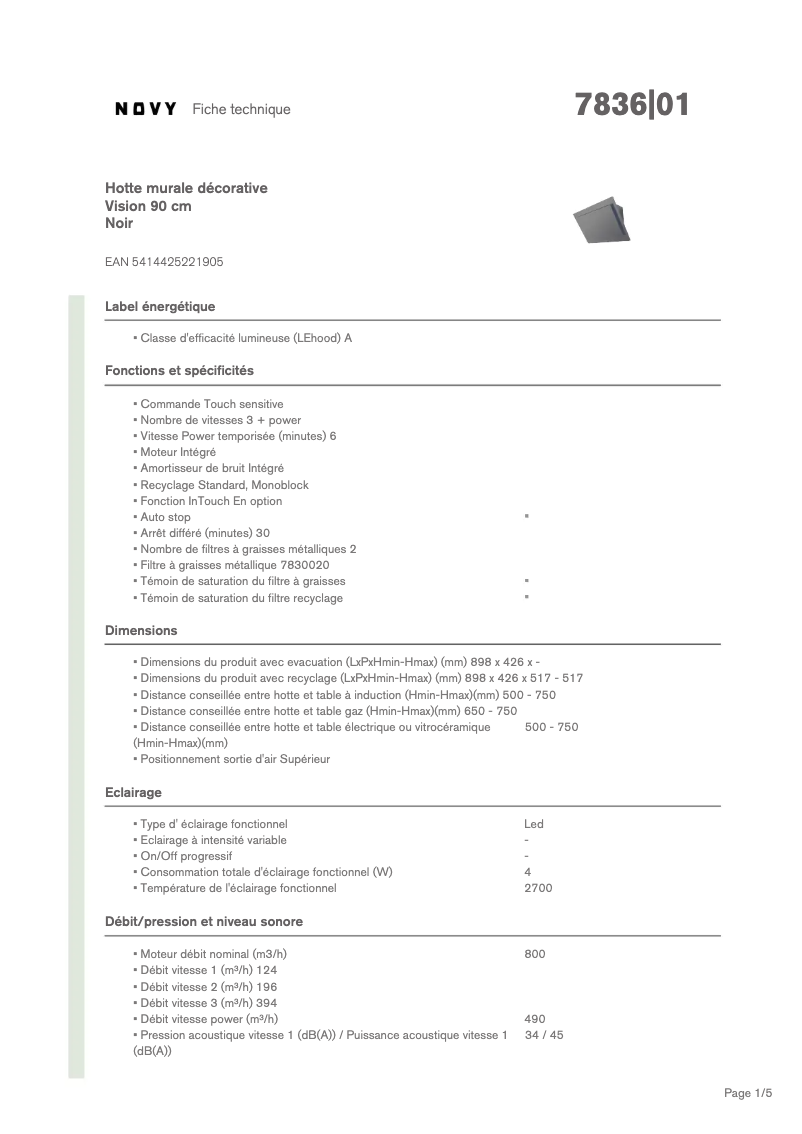Page 1 of the manual Technical Sheet Novy Vision 7836