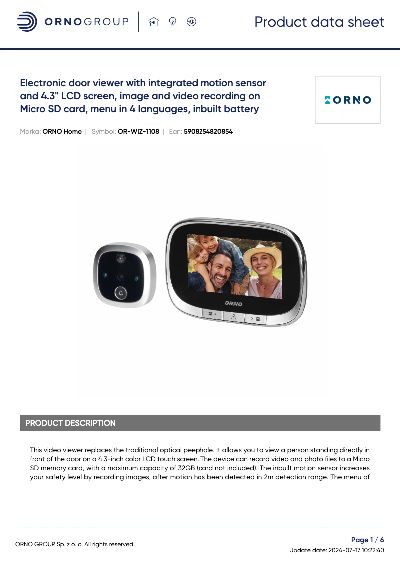 Page 1 de la notice Fiche technique ORNO OR-WIZ-1108