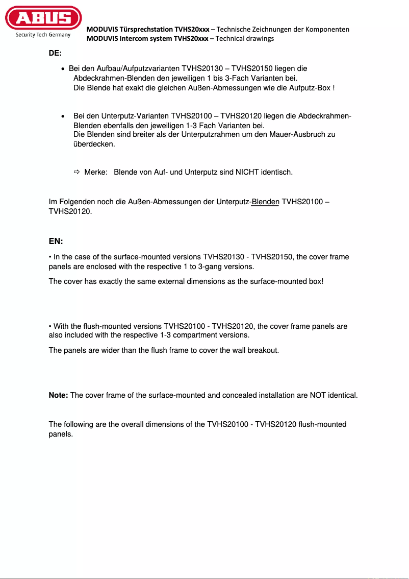Page 1 of the manual Technical Drawing Abus TVHS20130