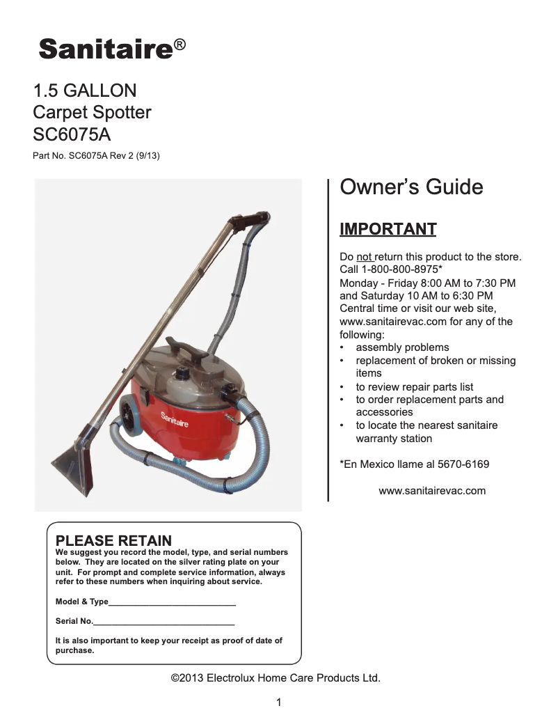 Page 1 of the manual User Manual Sanitaire RESTORE SC6075A