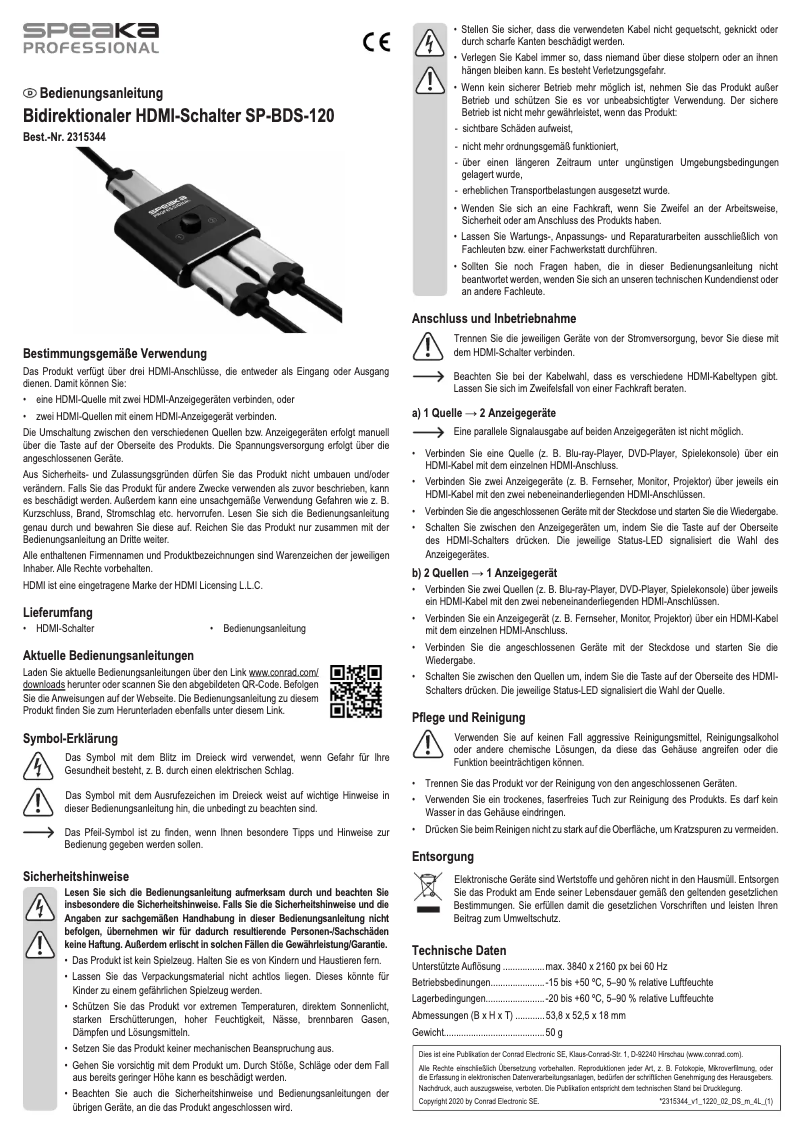 Page 1 of the manual User Manual Speaka SP-BDS-120