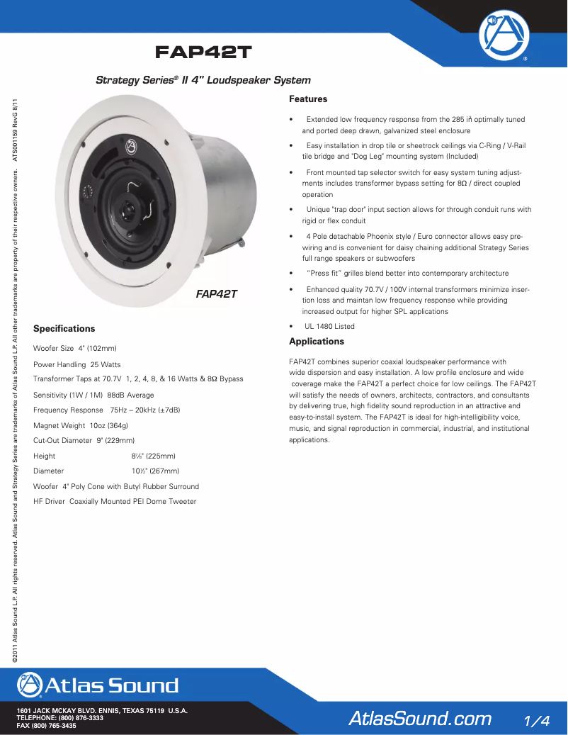 Page 1 of the manual User Manual Atlas Sound FAP42T