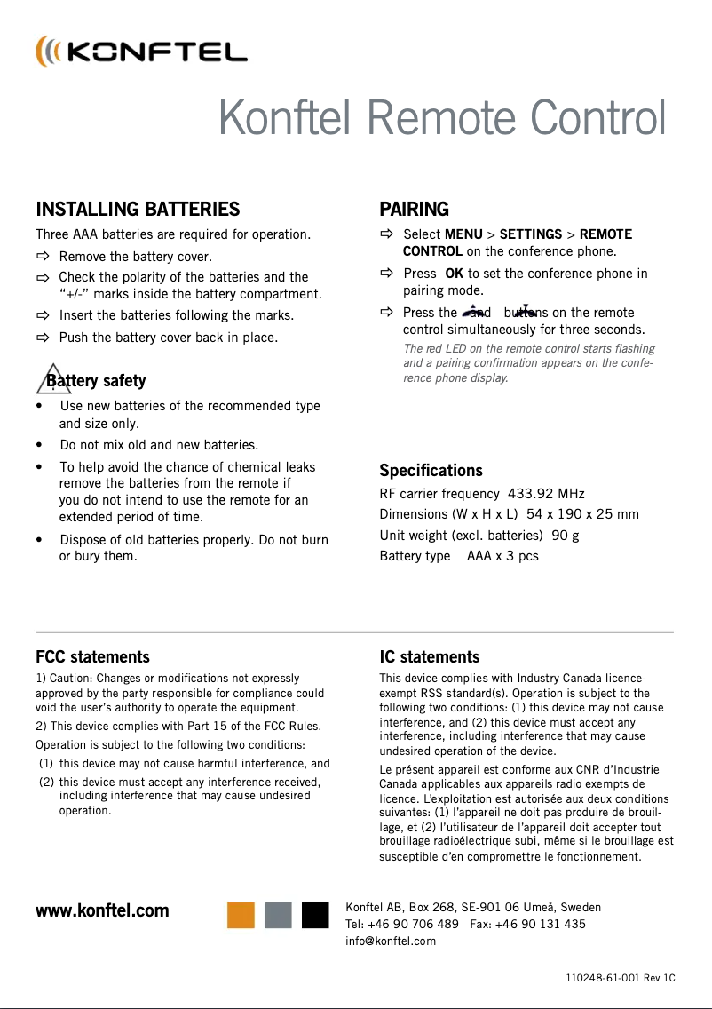 Page 1 of the manual User Manual Konftel Remote Control