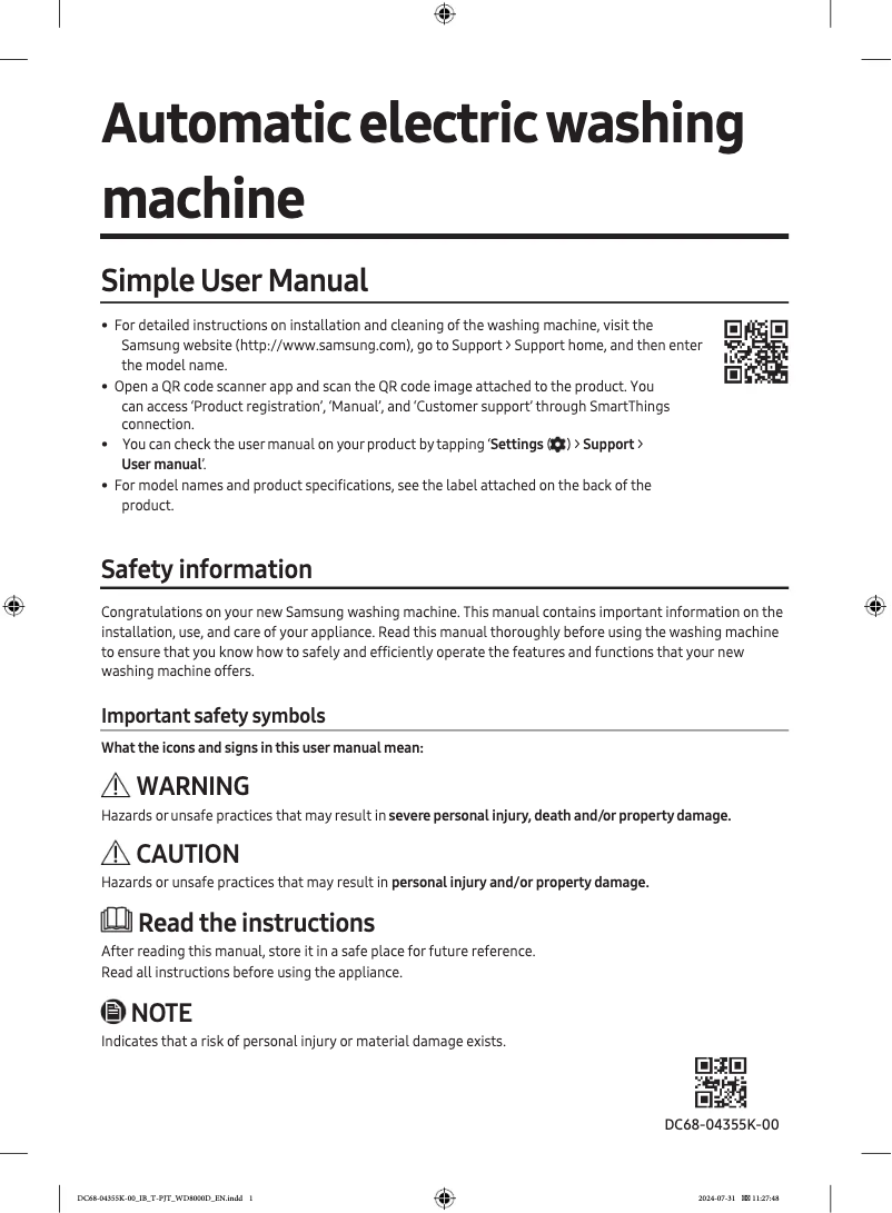 Page 1 of the manual Installation Guide Samsung WD26DB8995BZ