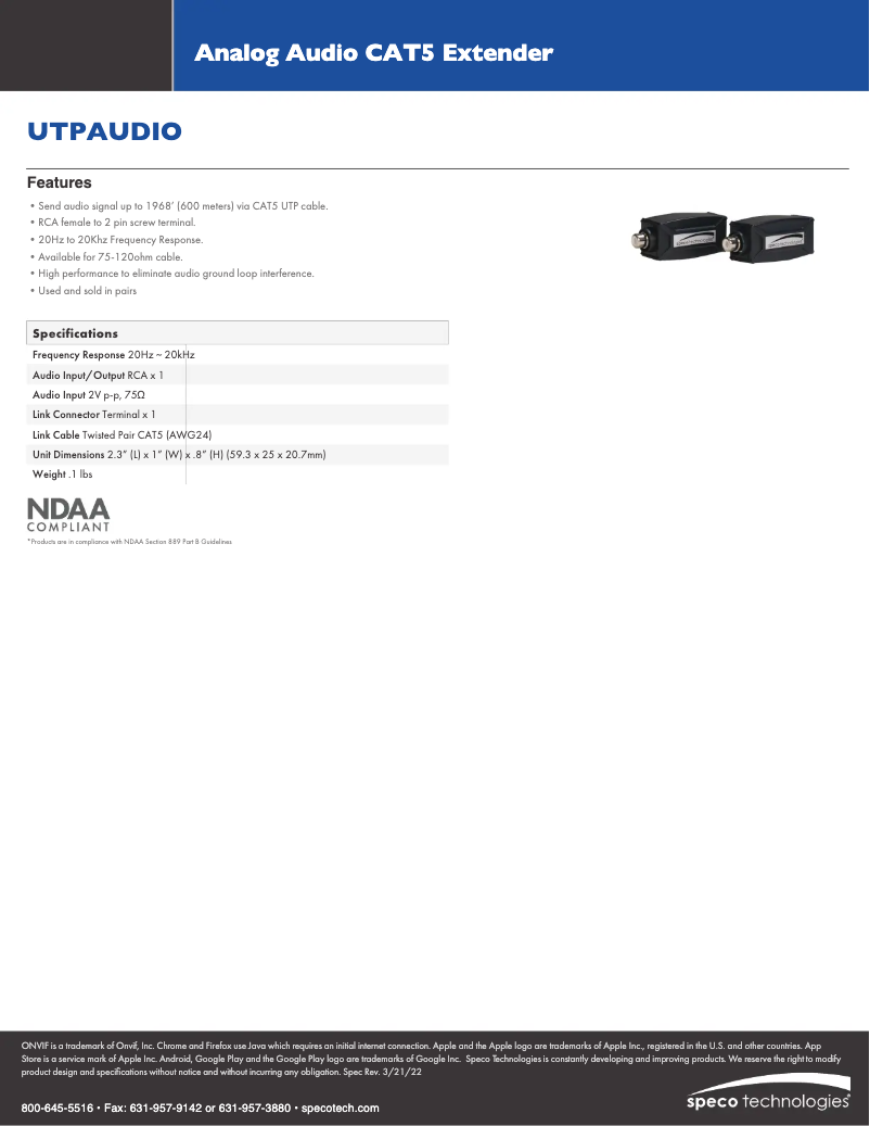Page 1 of the manual Technical Sheet Speco Technologies UTPAUDIO