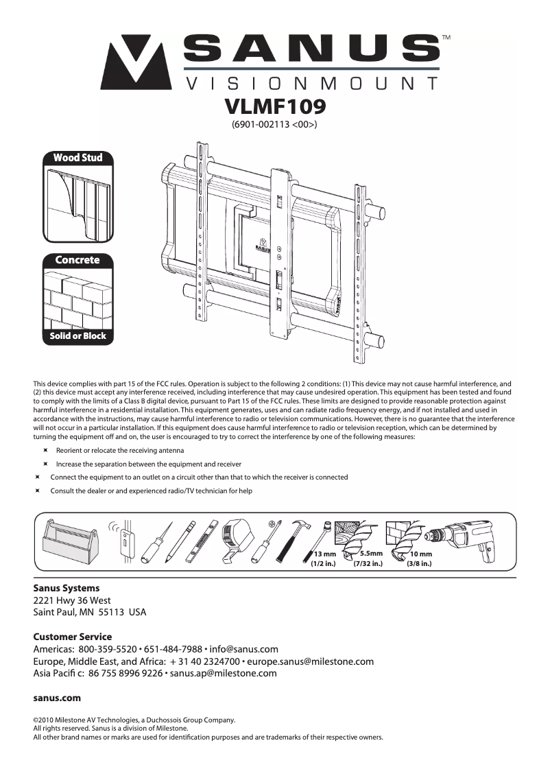 First page image of the manual for VisionMount VLMF109