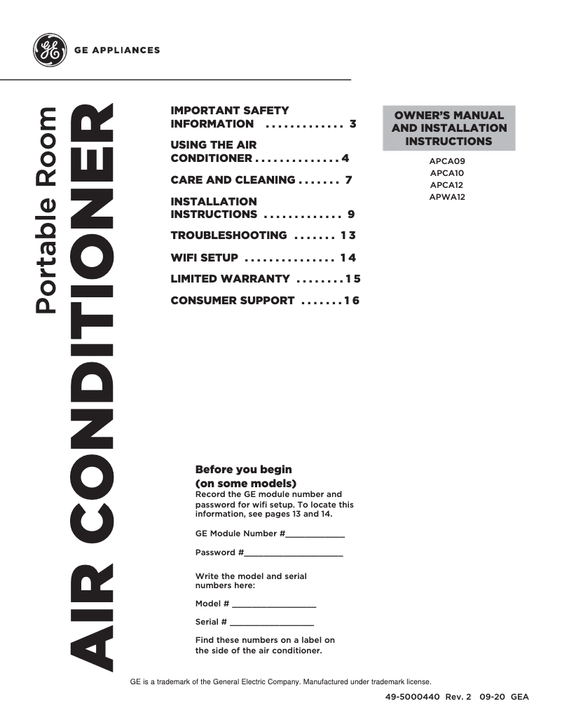 First page image of the manual for APCA12XYLW