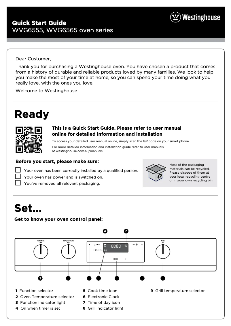 Page 1 of the manual Quick Start Guide Westinghouse WVE6565SD