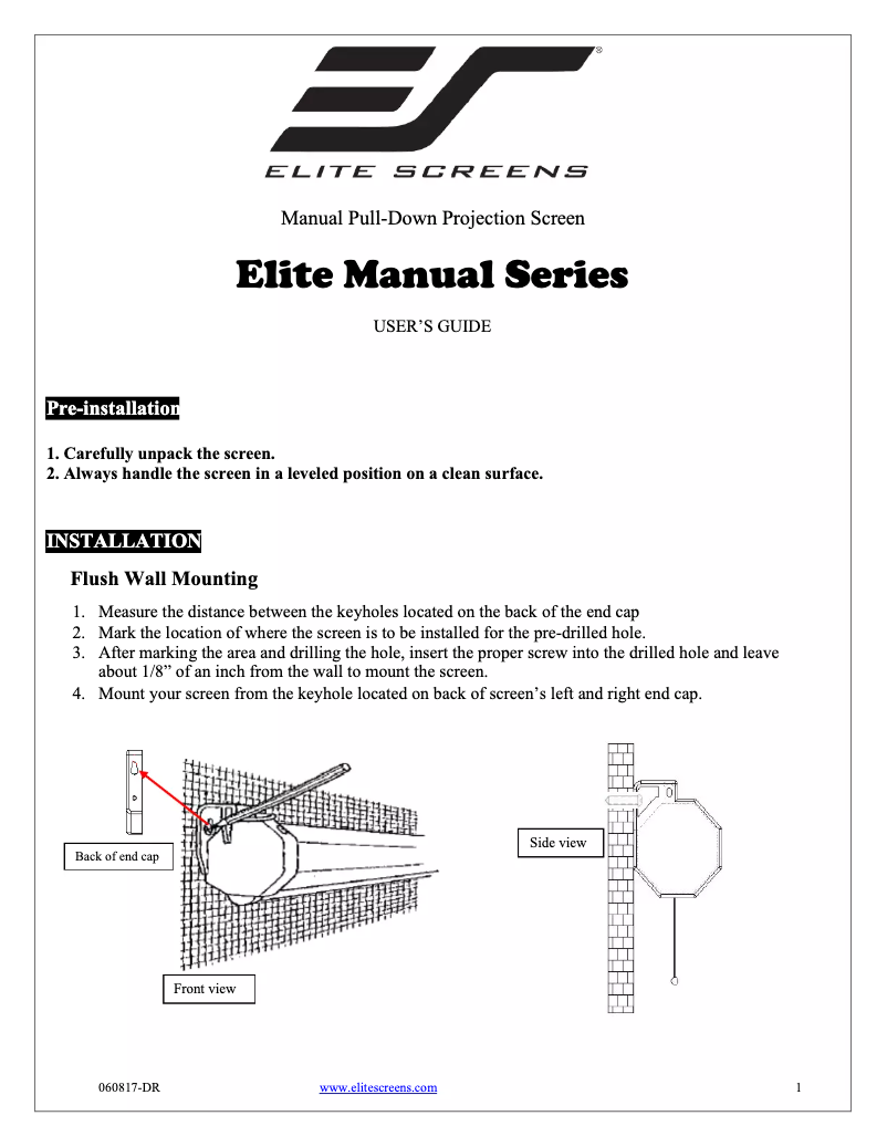 Page 1 of the manual User Manual Elite Screens M85XWS1