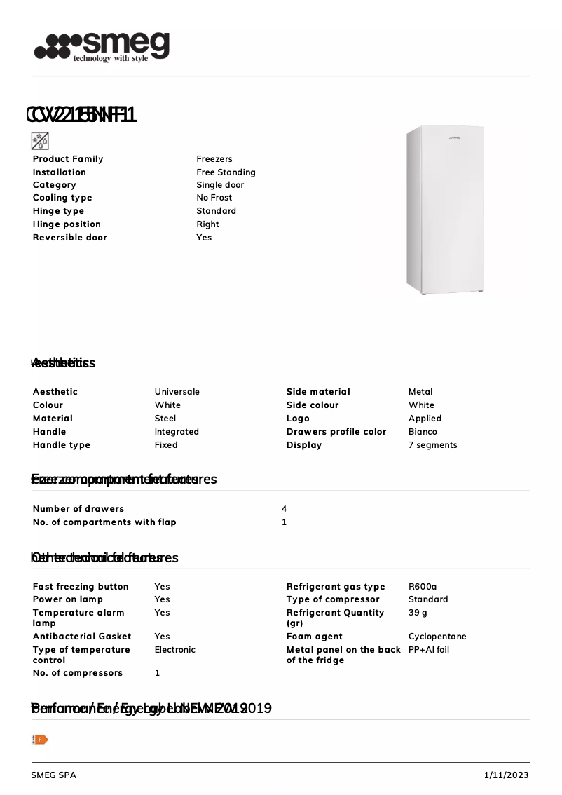 Page 1 of the manual Technical Sheet Smeg CV215NF1
