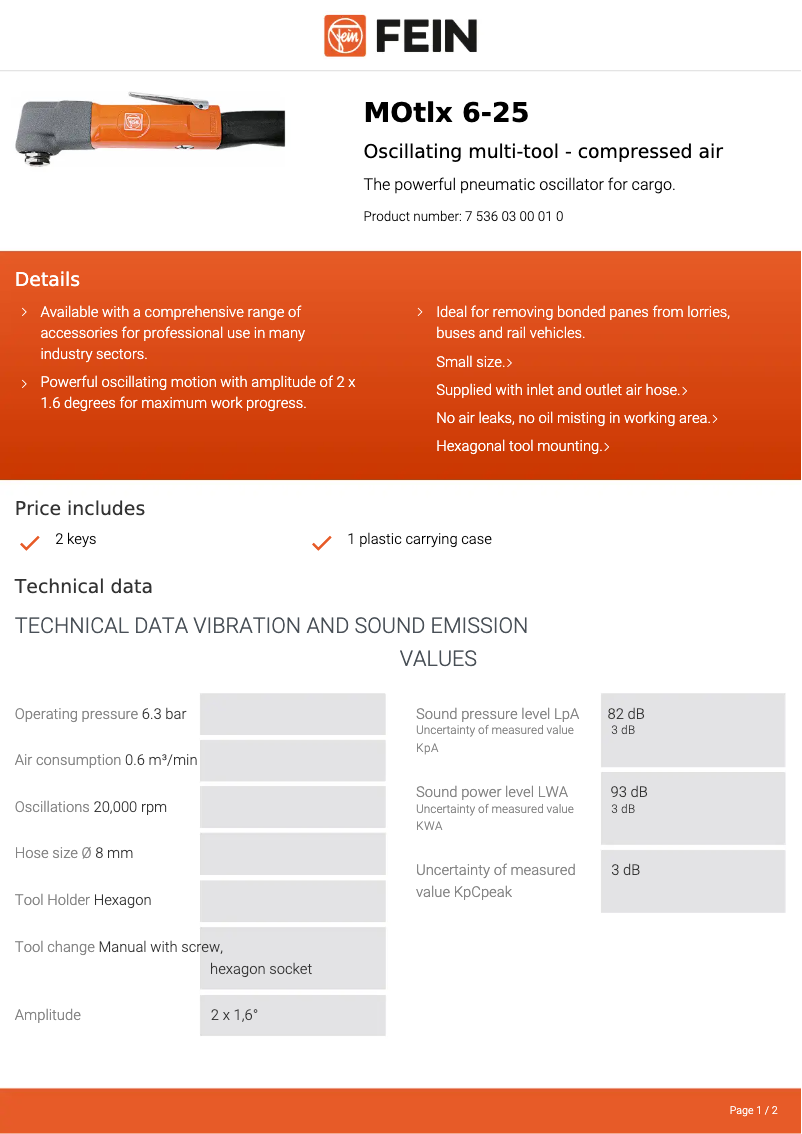 Page 1 of the manual Technical Sheet Fein MOtlx 6-25