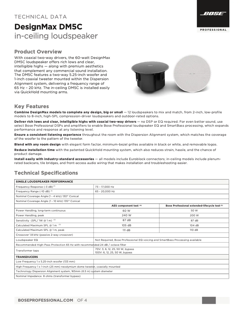Page 1 of the manual Technical Sheet Bose DesignMax DM5C