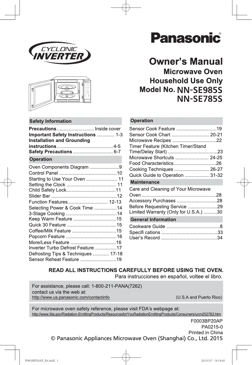 Page 1 of the manual User Manual Panasonic NN-SD775S