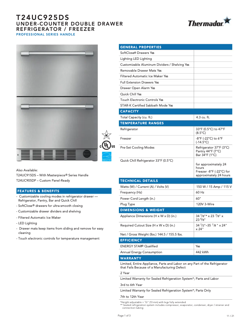 Page 1 of the manual Technical Sheet Thermador T24UC925DS