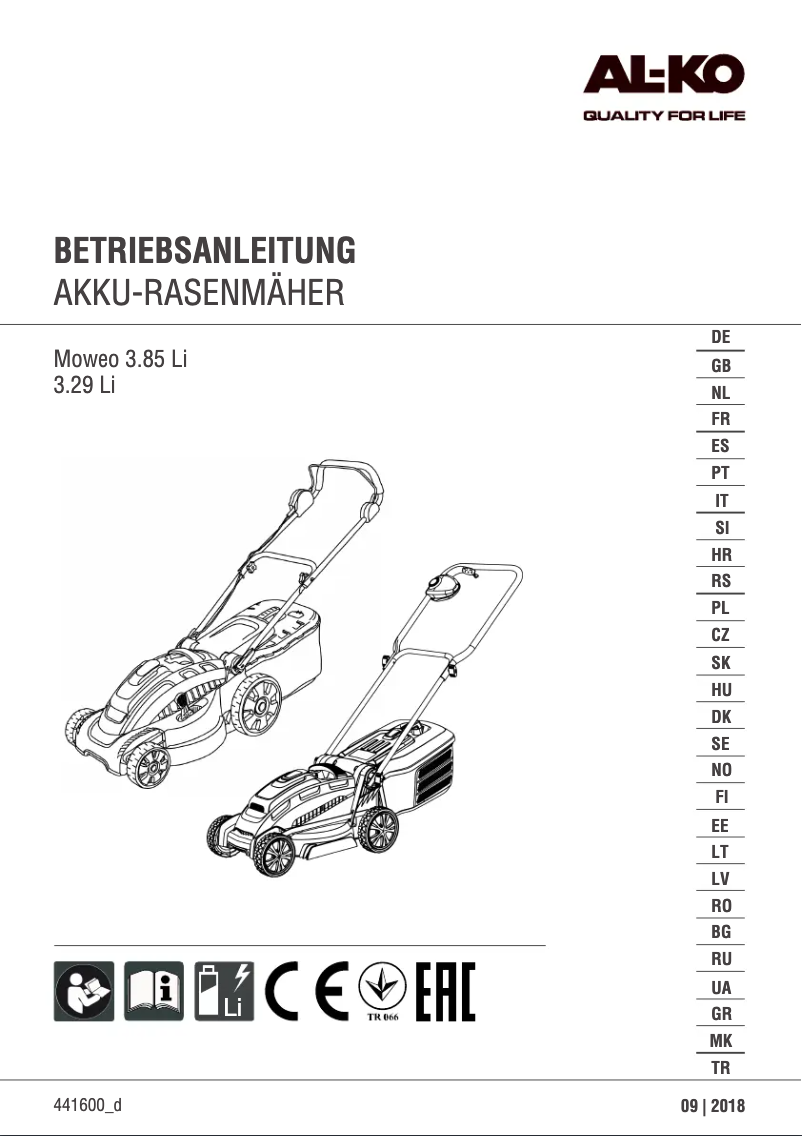 Page 1 of the manual User Manual AL-KO Moweo 3.85 Li