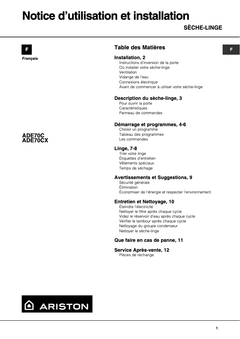 Page 1 of the manual User Manual Ariston Thermo ADE 70 CX