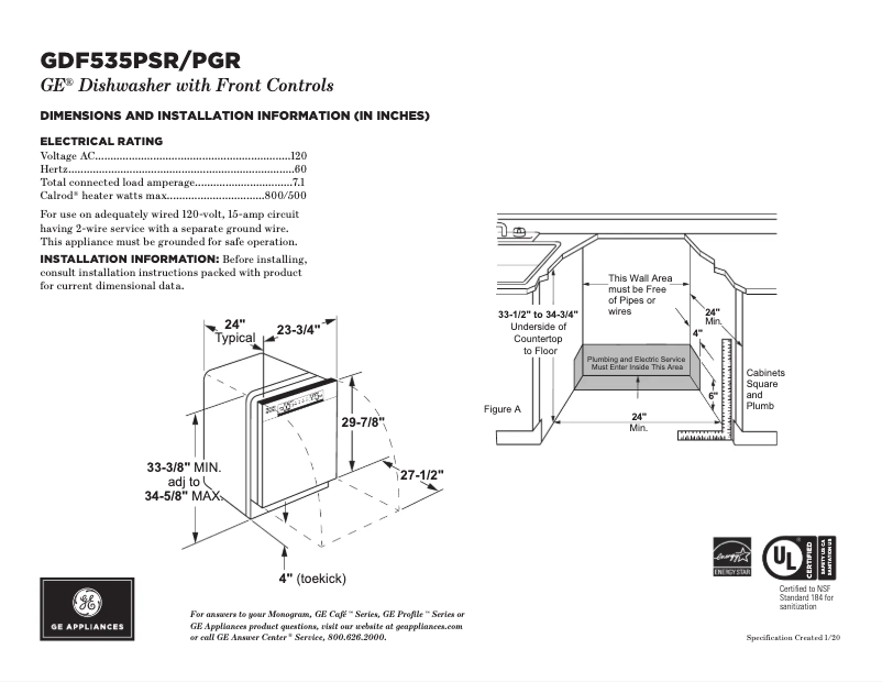 Page 1 of the manual Technical Sheet GE GDF535PGRCC