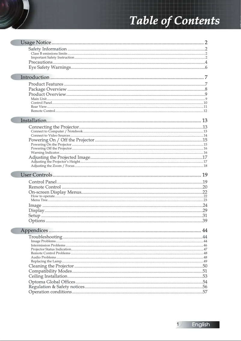 Page 1 of the manual User Manual Optoma TX7156