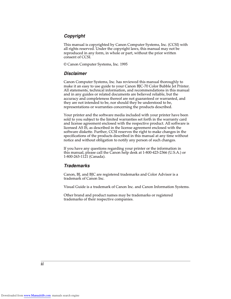 Page 1 of the manual User Manual Canon BJC-70