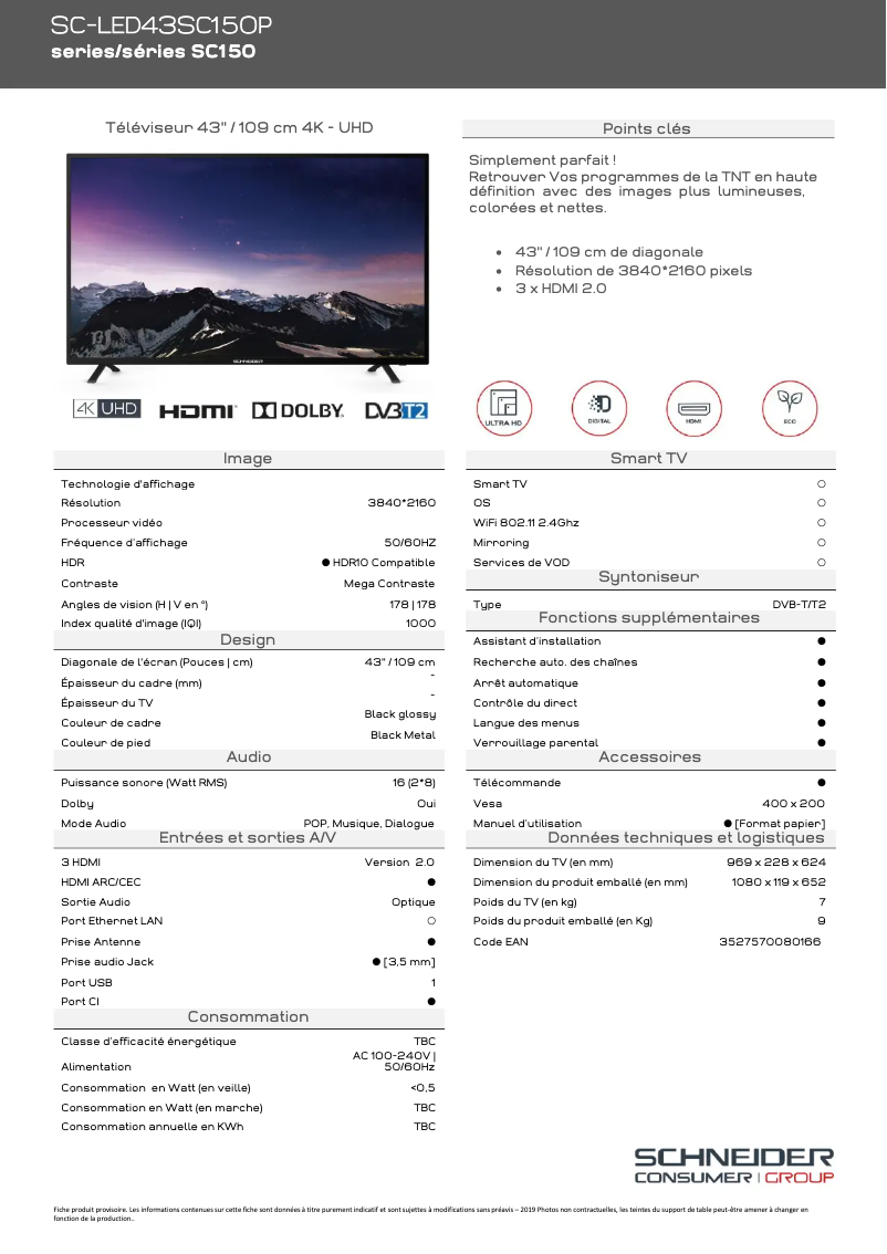 Page 1 of the manual Technical Sheet Schneider SC-LED43SC150P