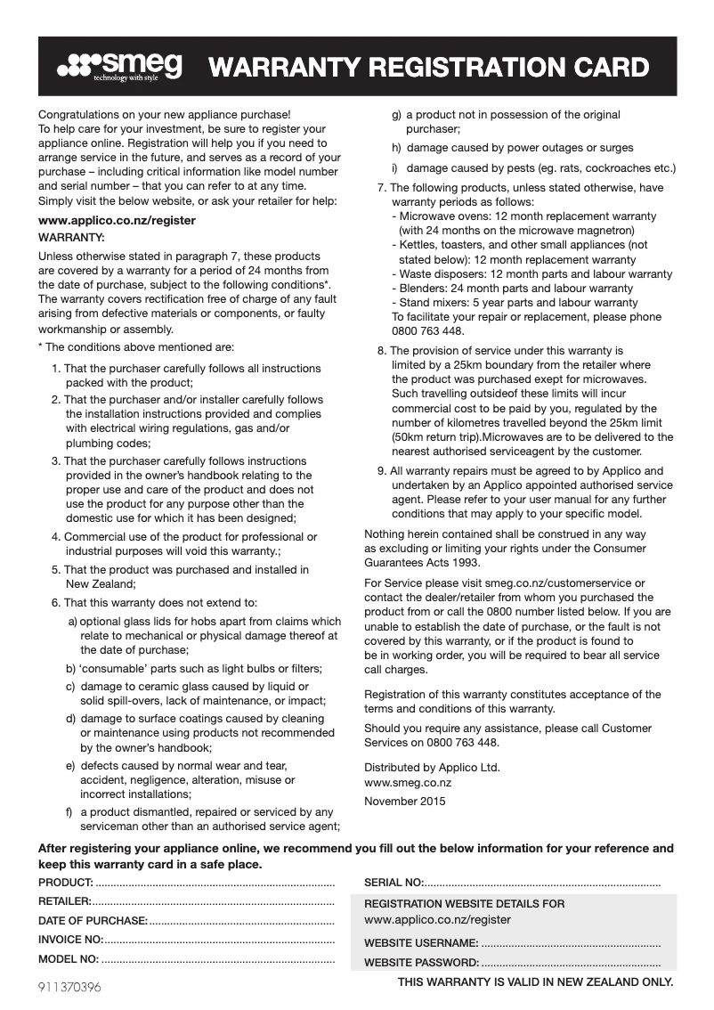 Page 1 of the manual Warranty Information Smeg FAB28RBL5AU