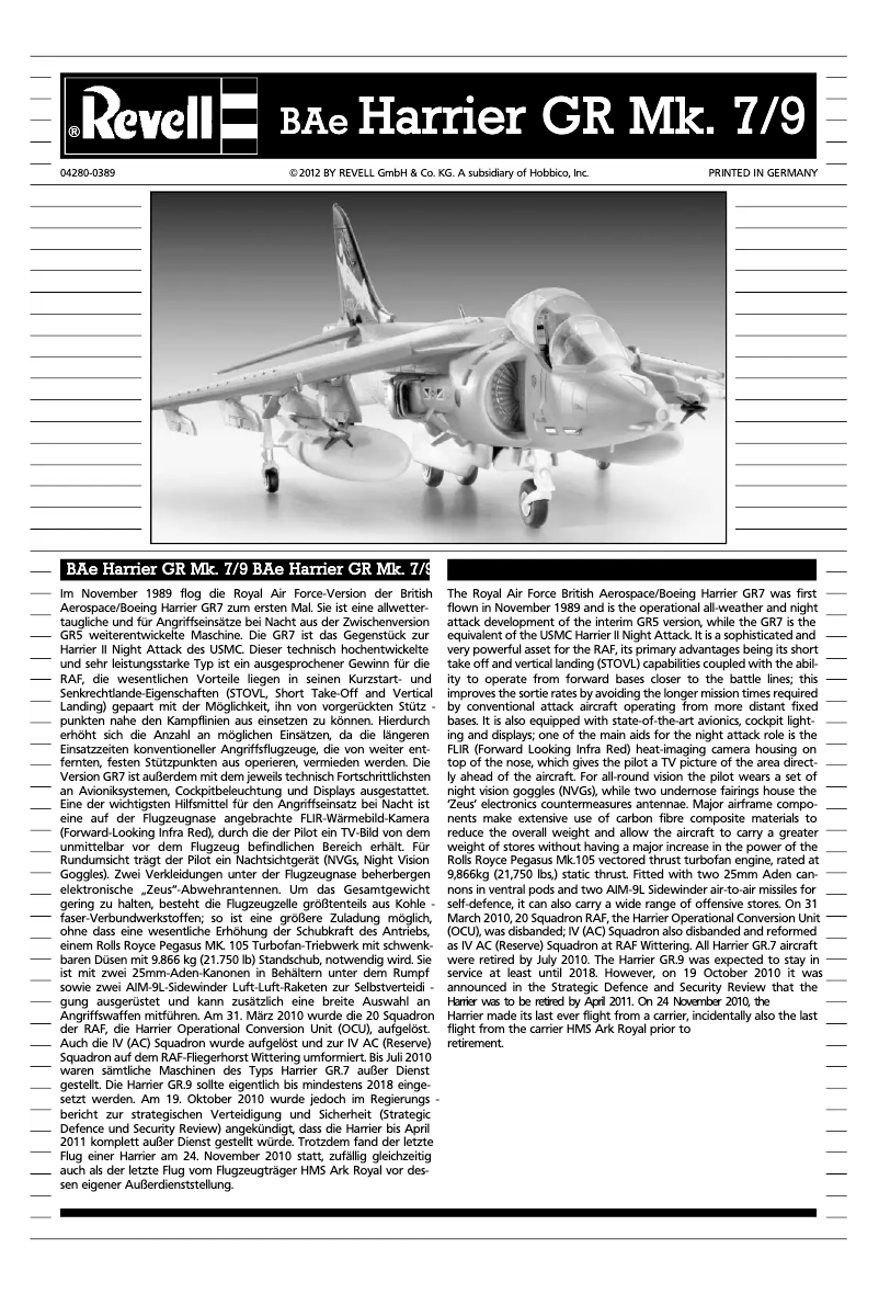 Page 1 of the manual User Manual Revell BAe Harrier GR Mk.7