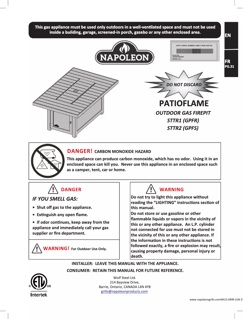 Page 1 of the manual User Manual Napoleon STTR1-BZ